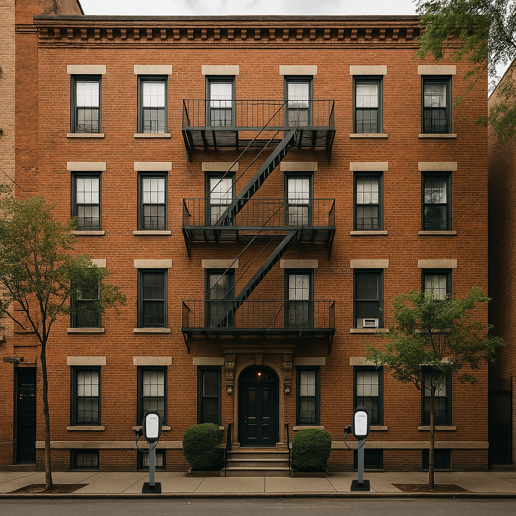 NY MUD with Enphase EV Chargers A New York City Multi-Unit Property with Liberty Enabled Enphase EV Chargers in Front of Building.