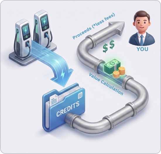 Image showing the flow of EV-charging usage to LCFS credits and money conversion.